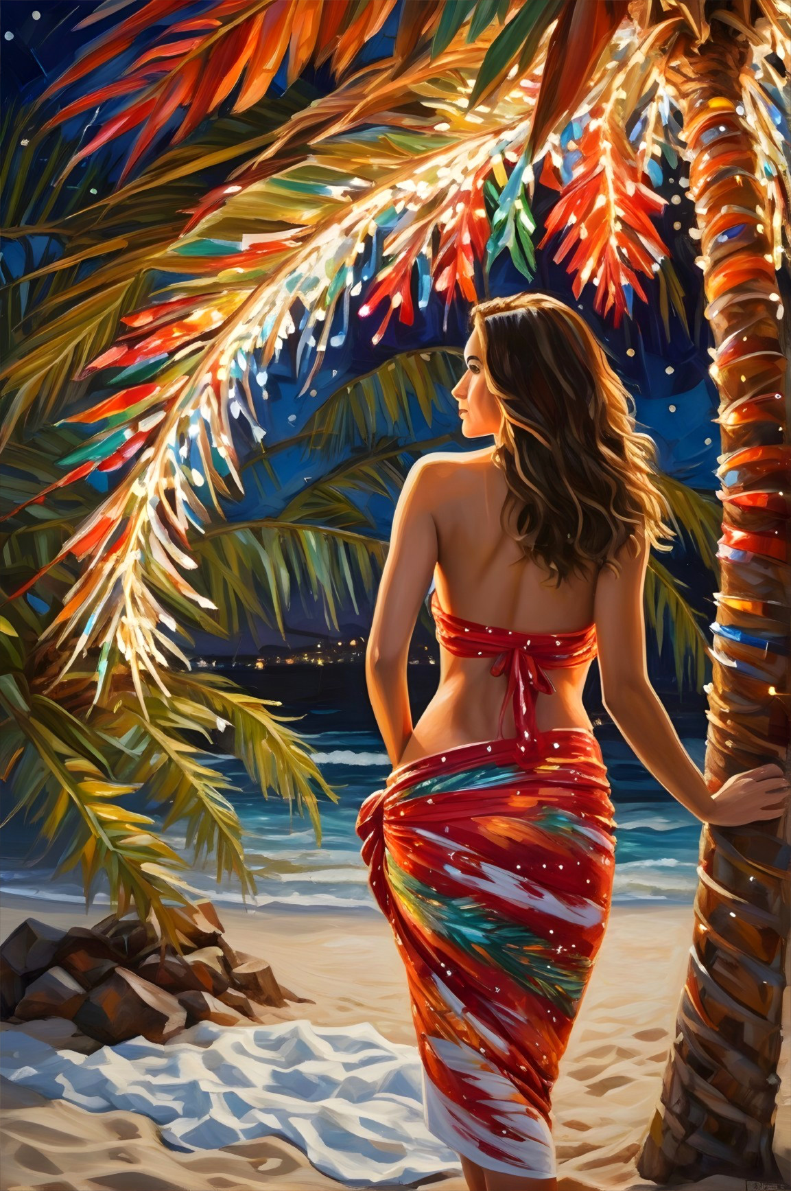 Woman in Colorful Sarong on Night Beach Scene