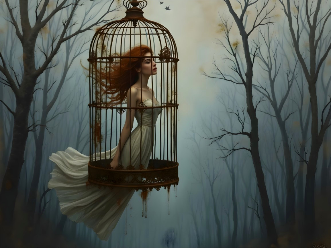 Young Woman in Birdcage in Mystical Foggy Forest