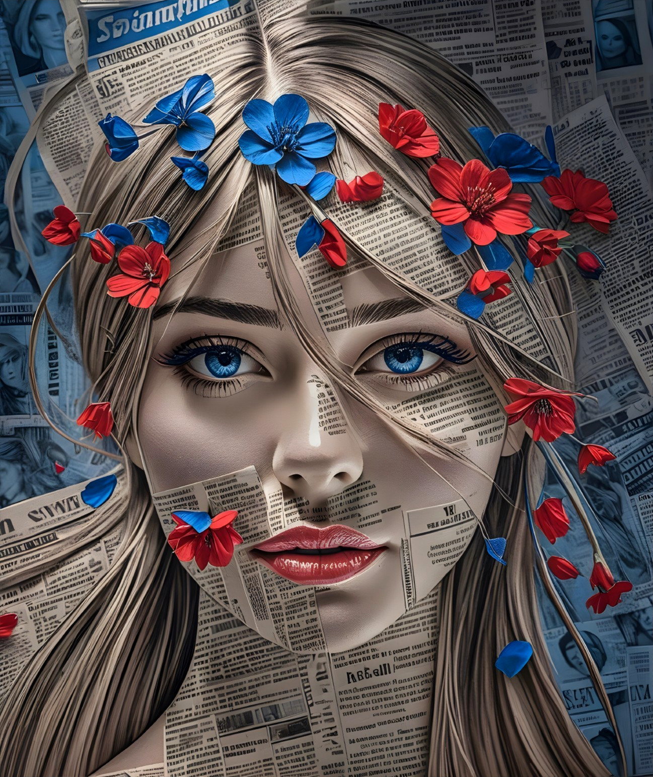 Portrait of a Woman with Floral Accents and Newspaper Background
