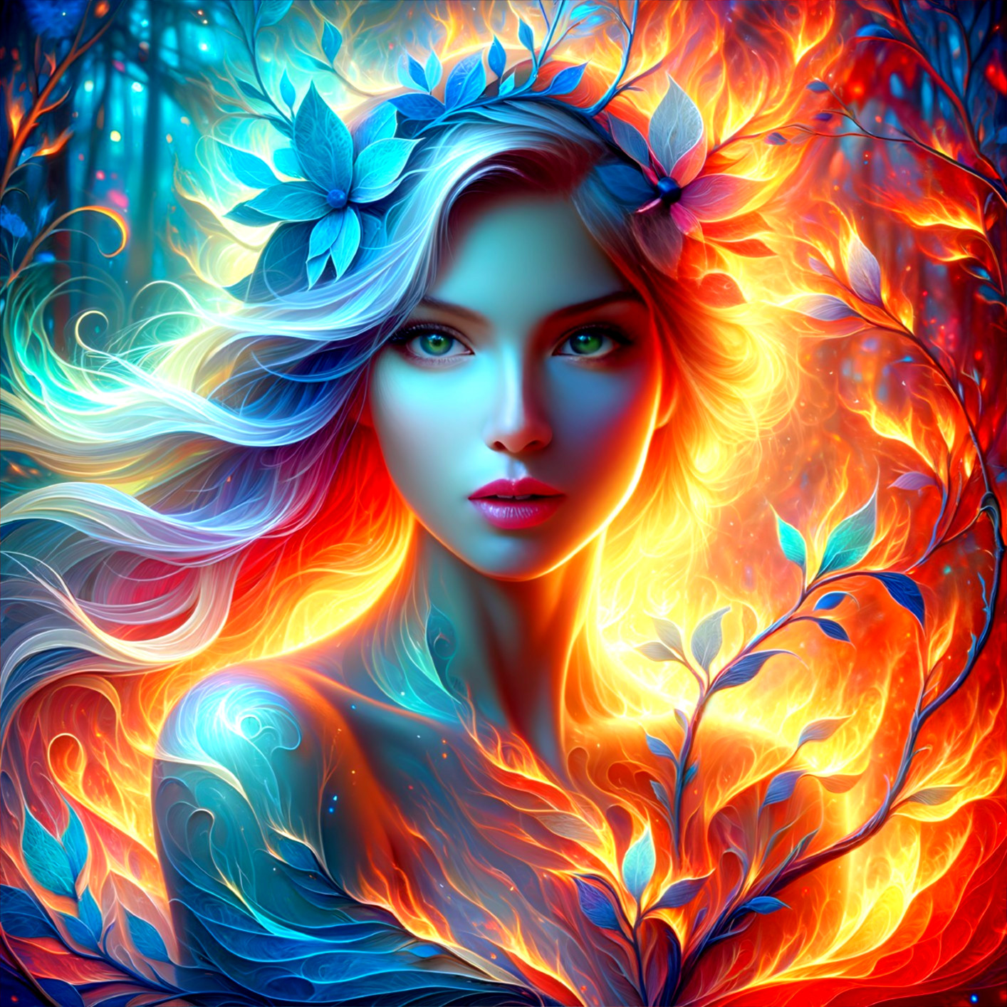 Ethereal Figure Against Vibrant Swirling Background