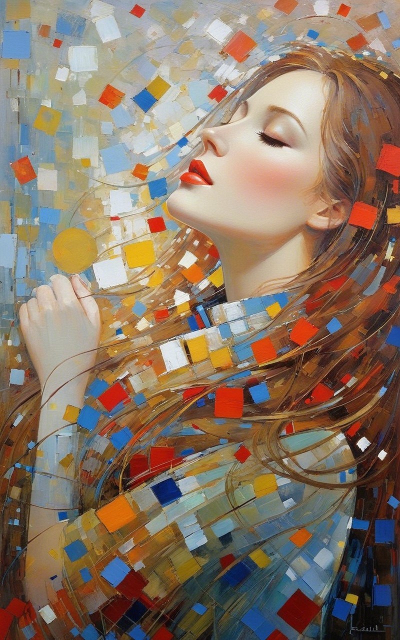 Serene Woman Surrounded by Colorful Abstract Mosaic