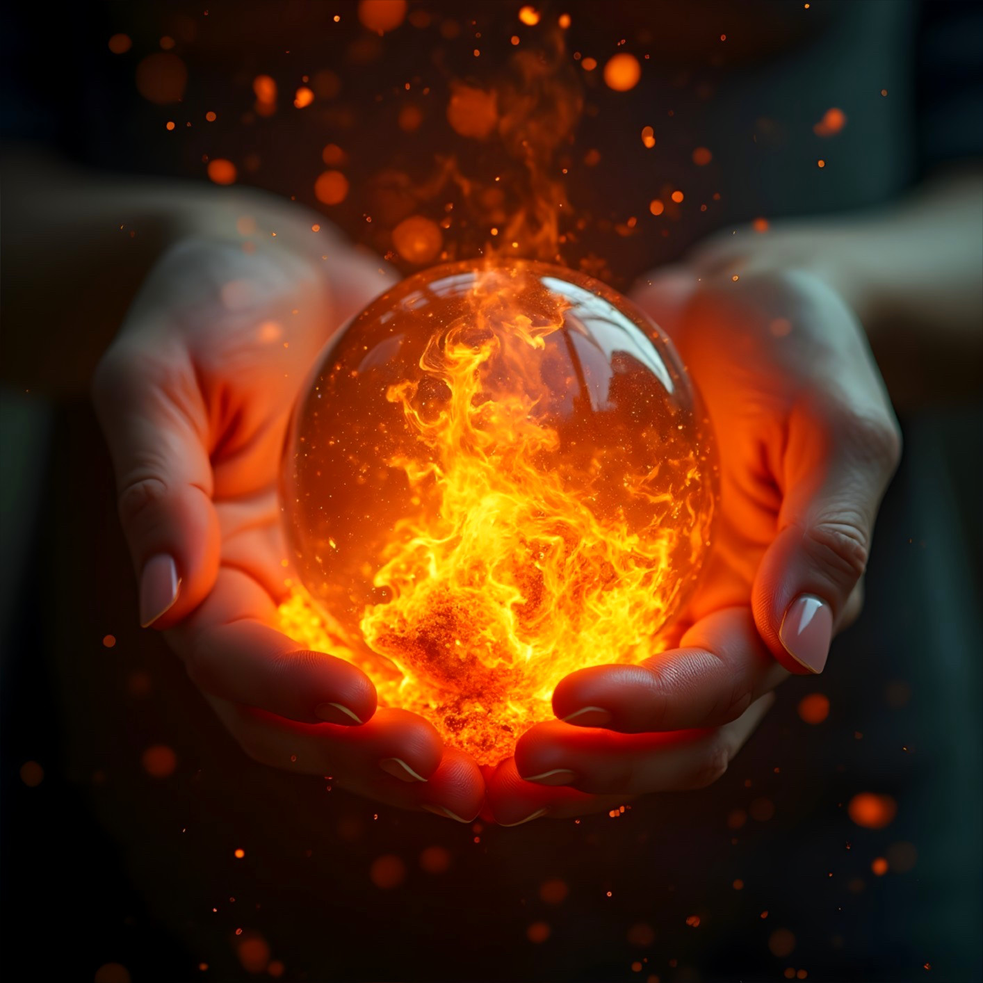 Hands Cradling a Glowing Orb of Vibrant Flames