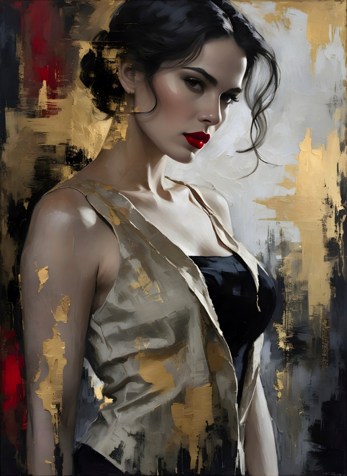 Elegant Woman Portrait in Klimt Style with Abstract Background