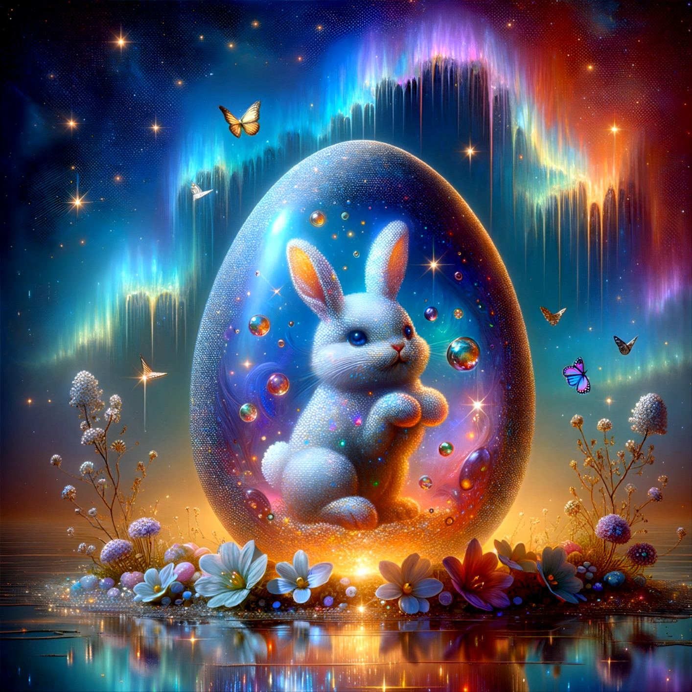 Whimsical Scene of Sparkling Egg and Playful Bunny