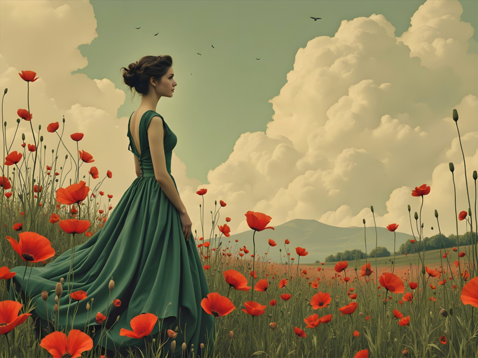 Woman in Green Dress in Poppy Field Under Clouds