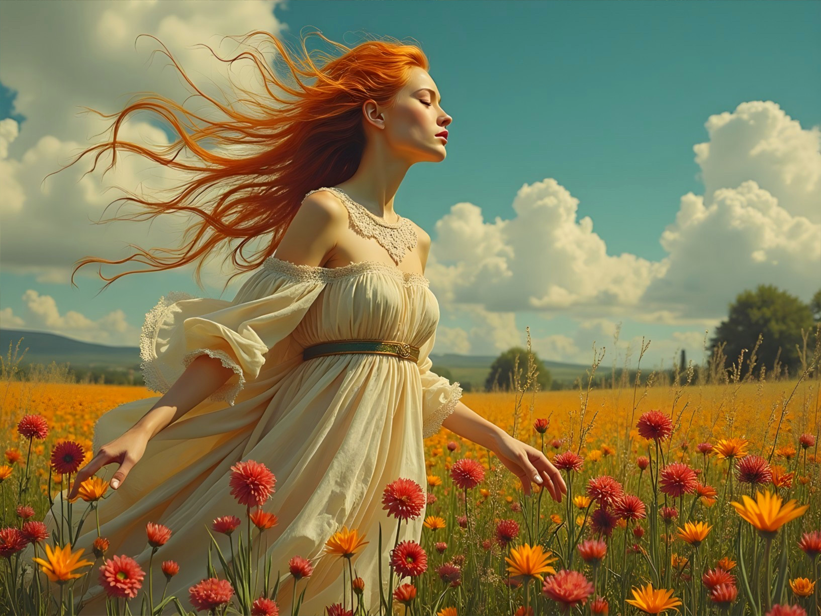 Woman in Flower Field with Red Hair and Dress