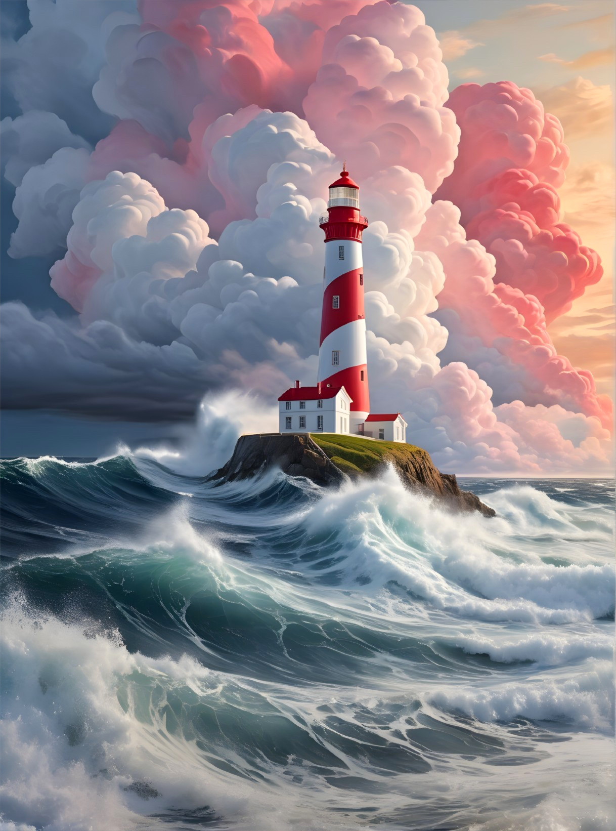 Lighthouse on Rugged Rock with Dramatic Coastal Scene