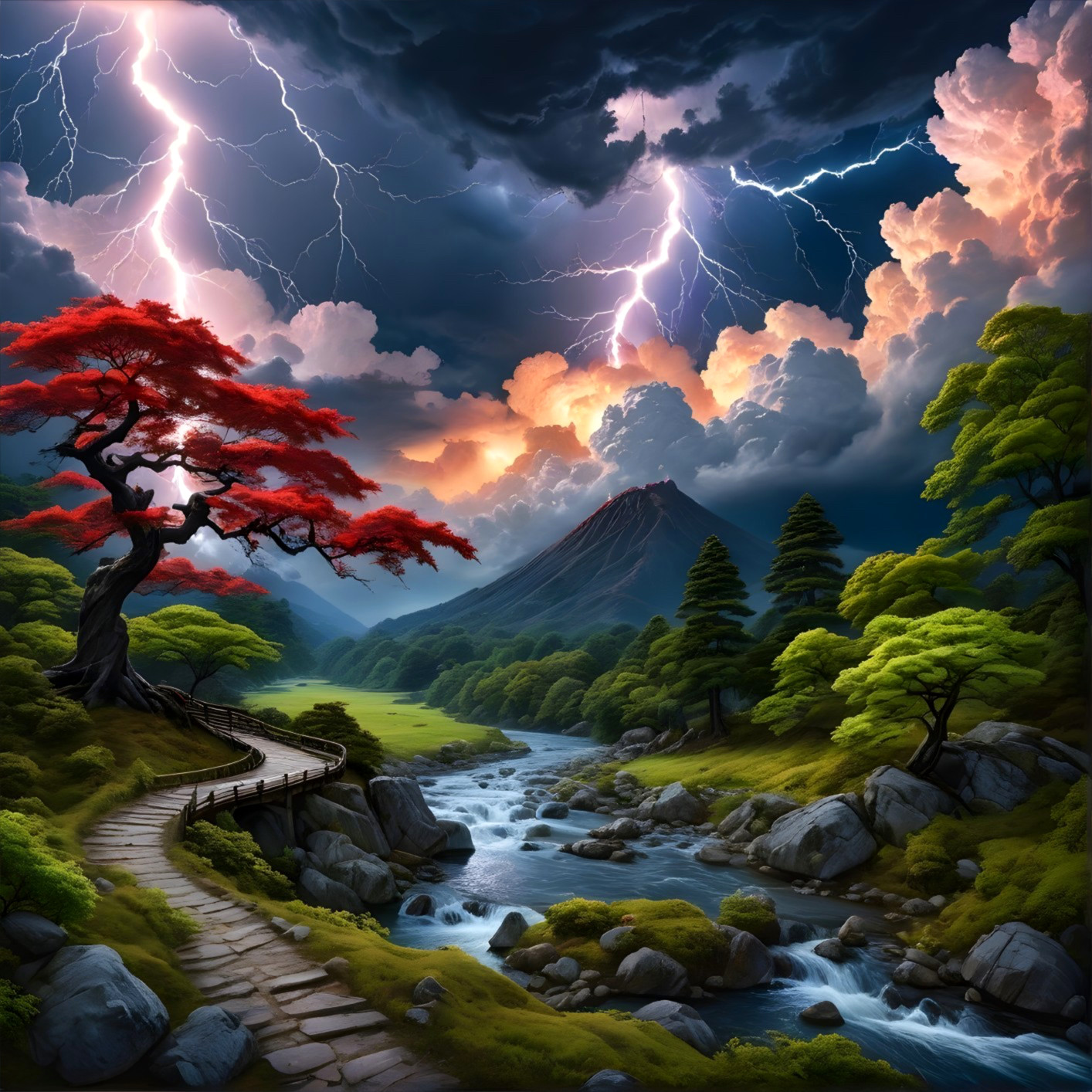Dramatic Landscape with River, Mountains, and Lightning
