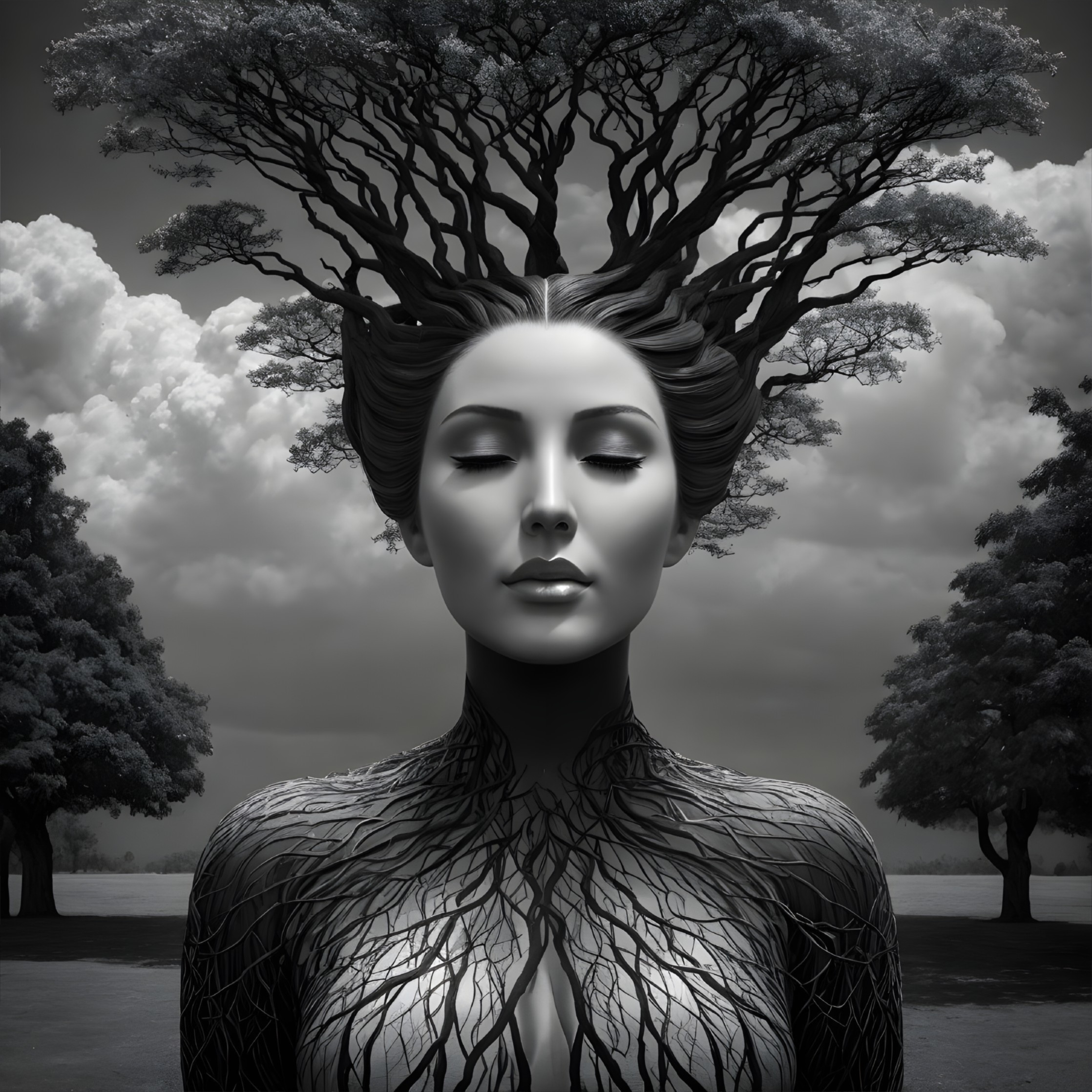 Surreal Woman Merging Beauty with Nature Elements