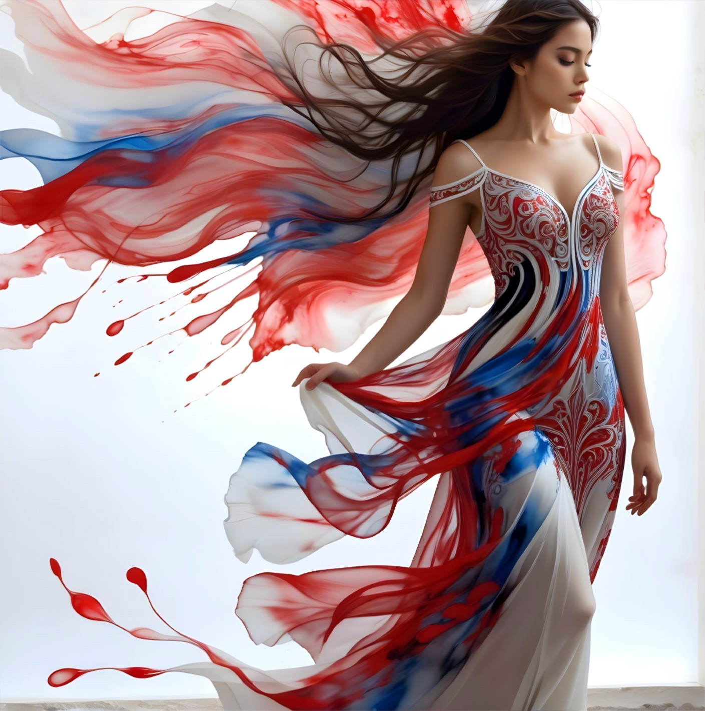 Elegant model in vibrant gown with artistic patterns