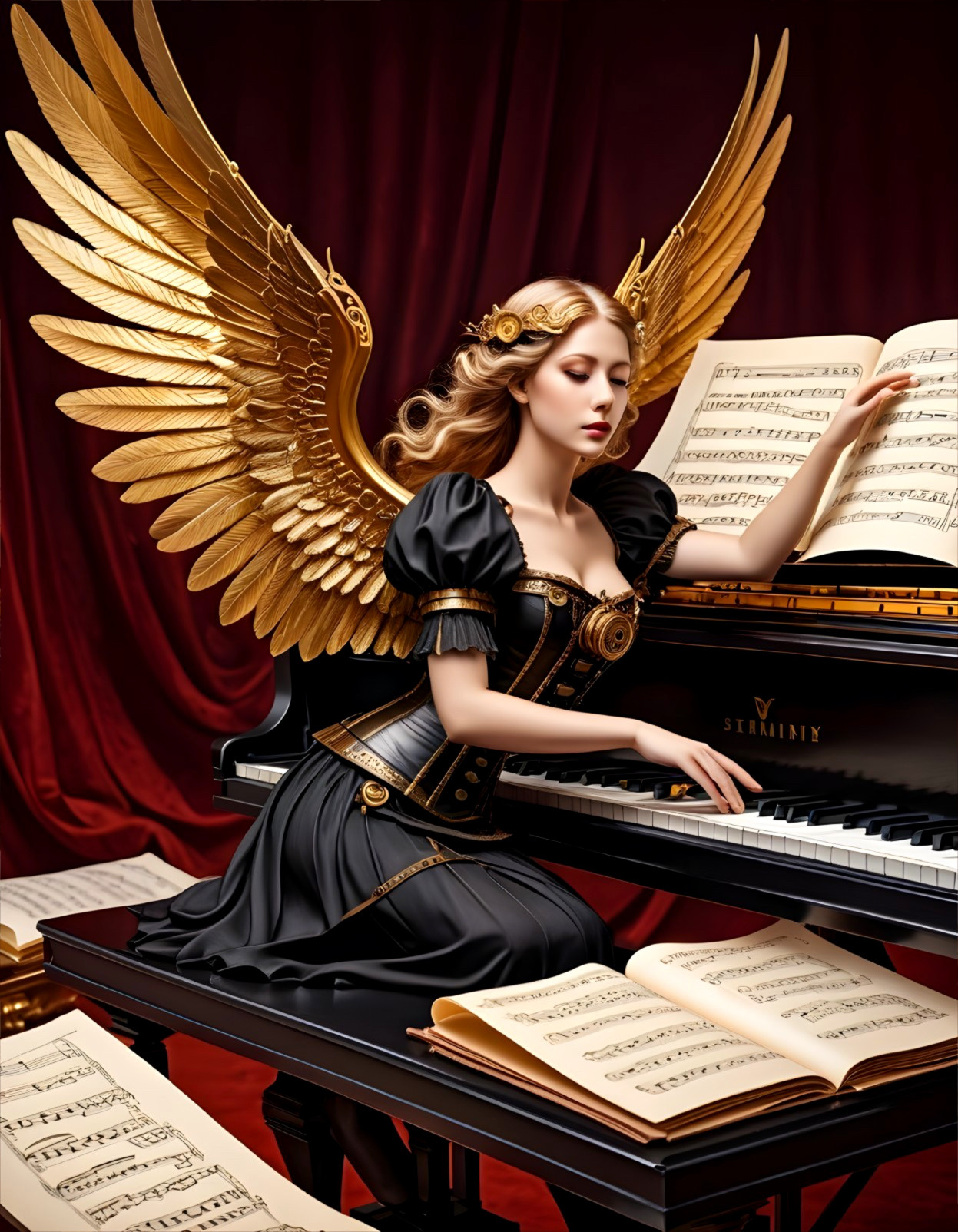 Woman with Golden Wings Playing Black Piano