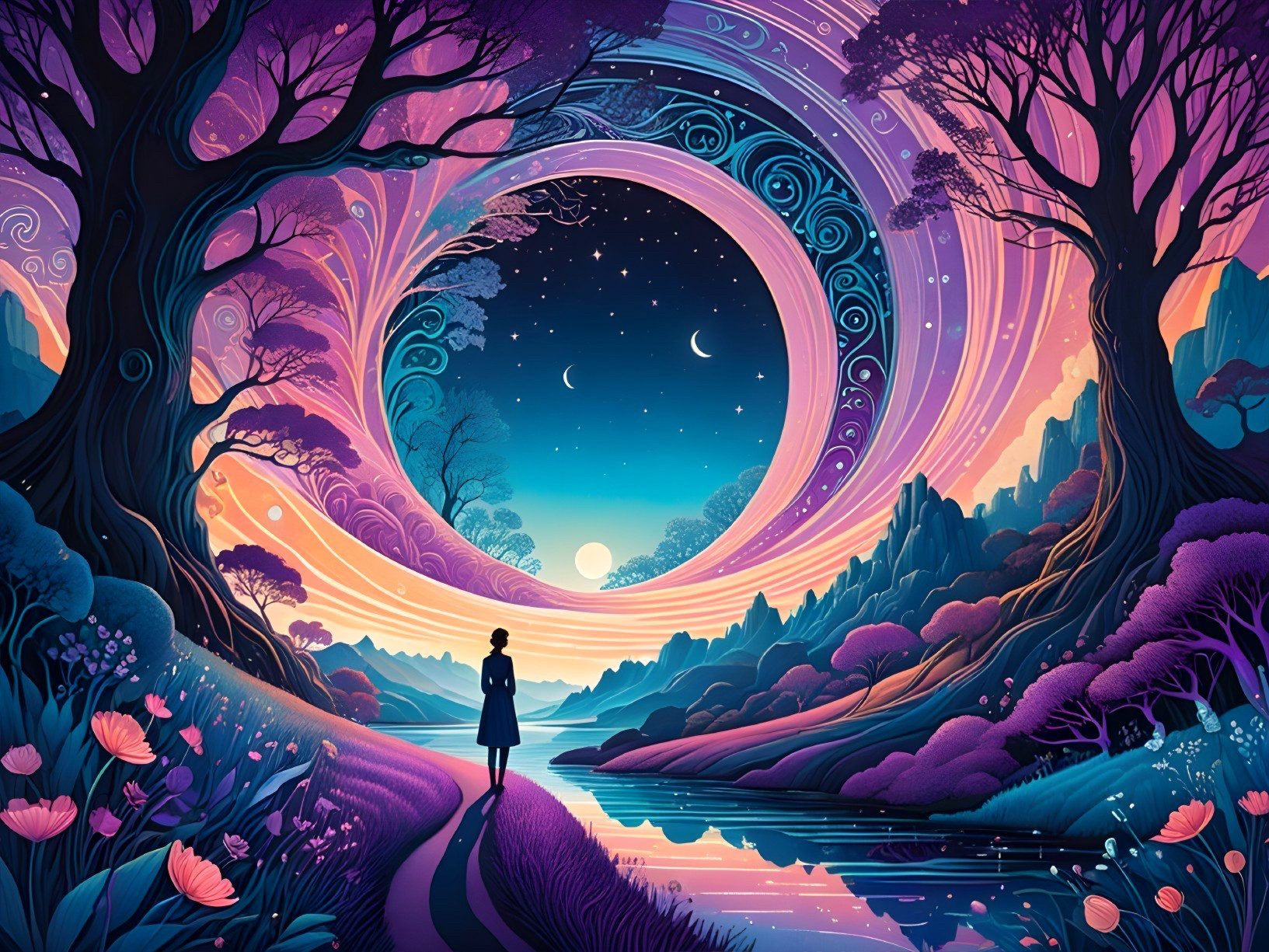 Surreal Landscape with Day and Night Elements