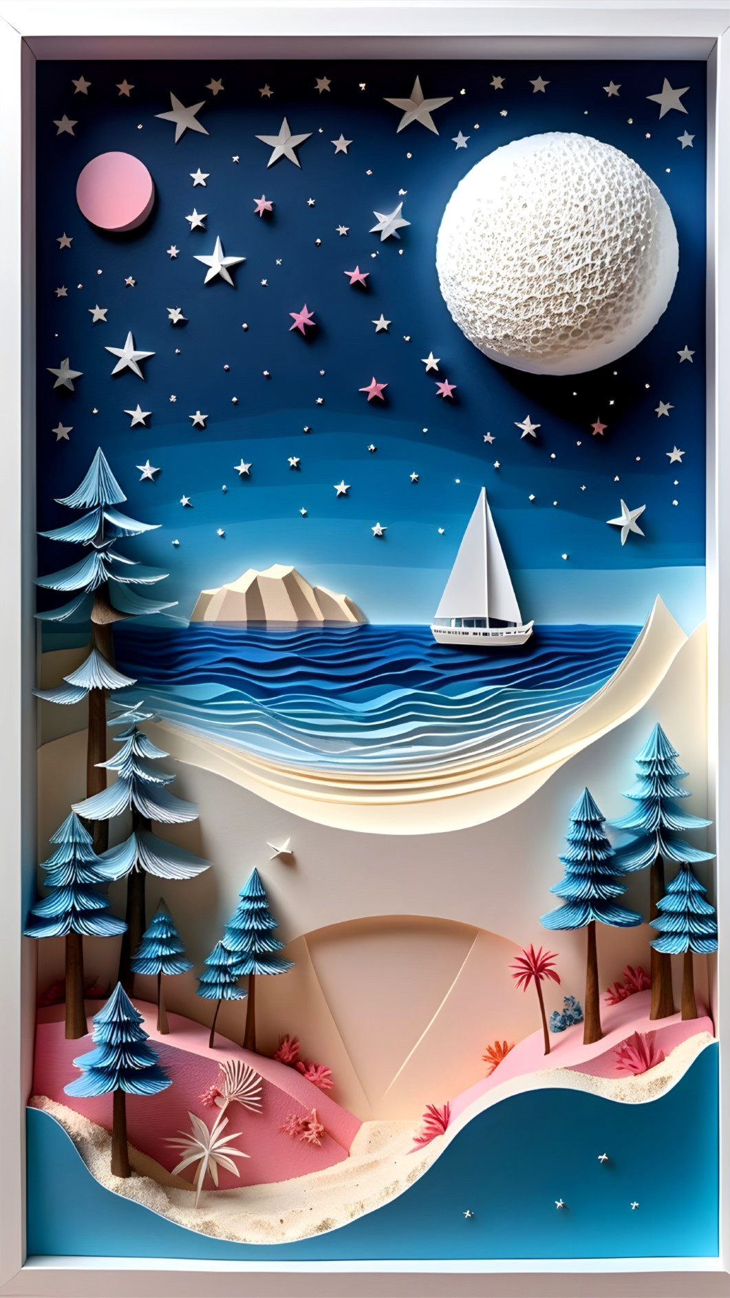 3D Paper Art of Coastal Landscape at Night
