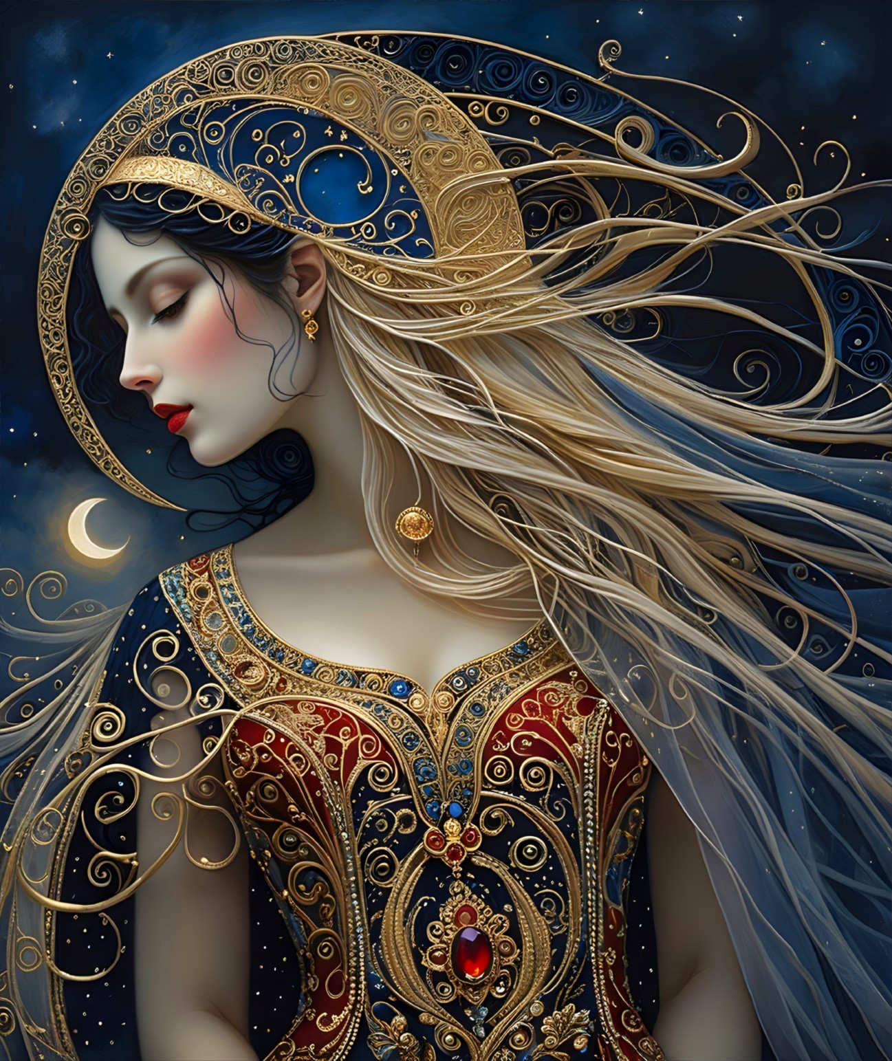 Majestic woman in gown with golden patterns and gemstones