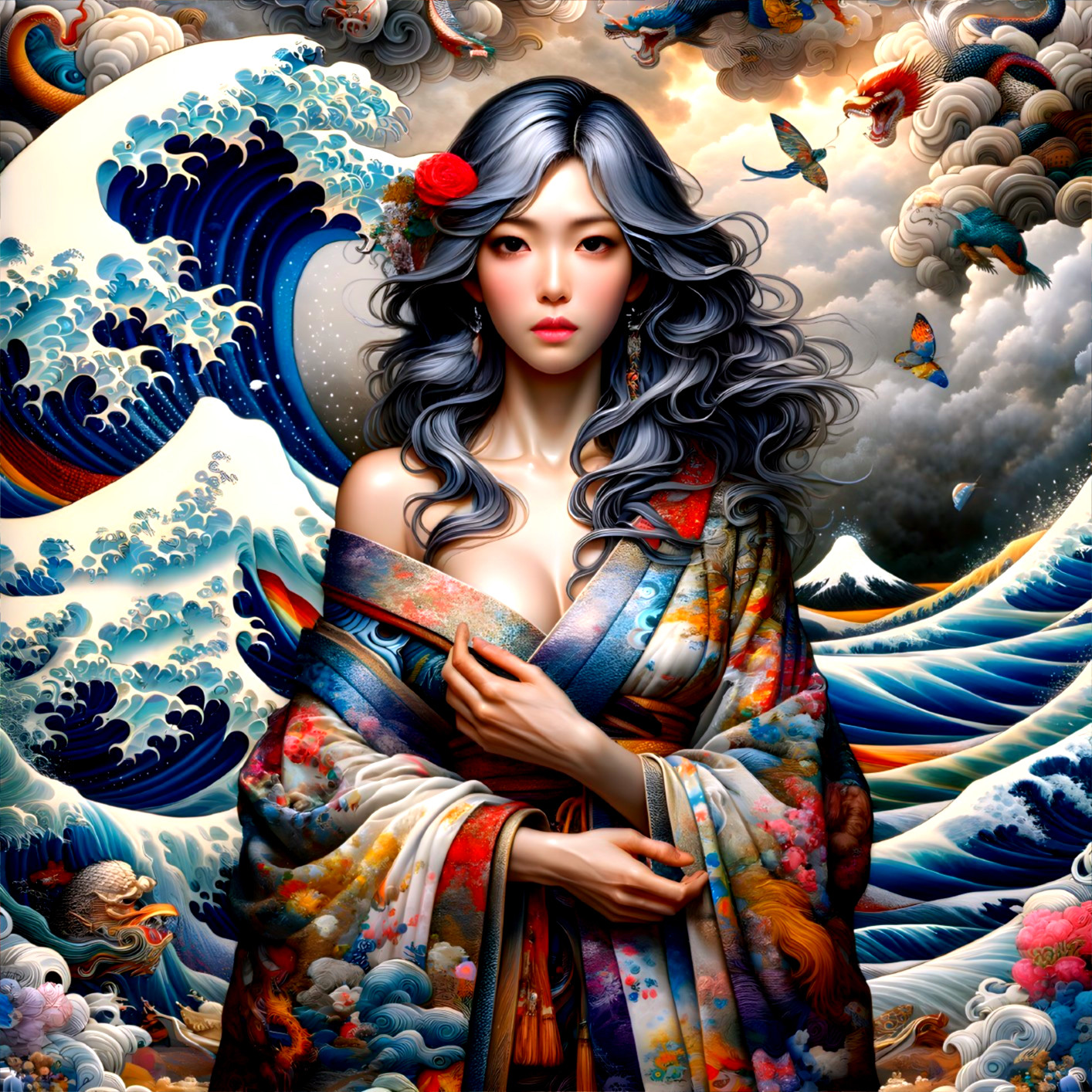 Woman in Kimono Surrounded by Waves and Clouds