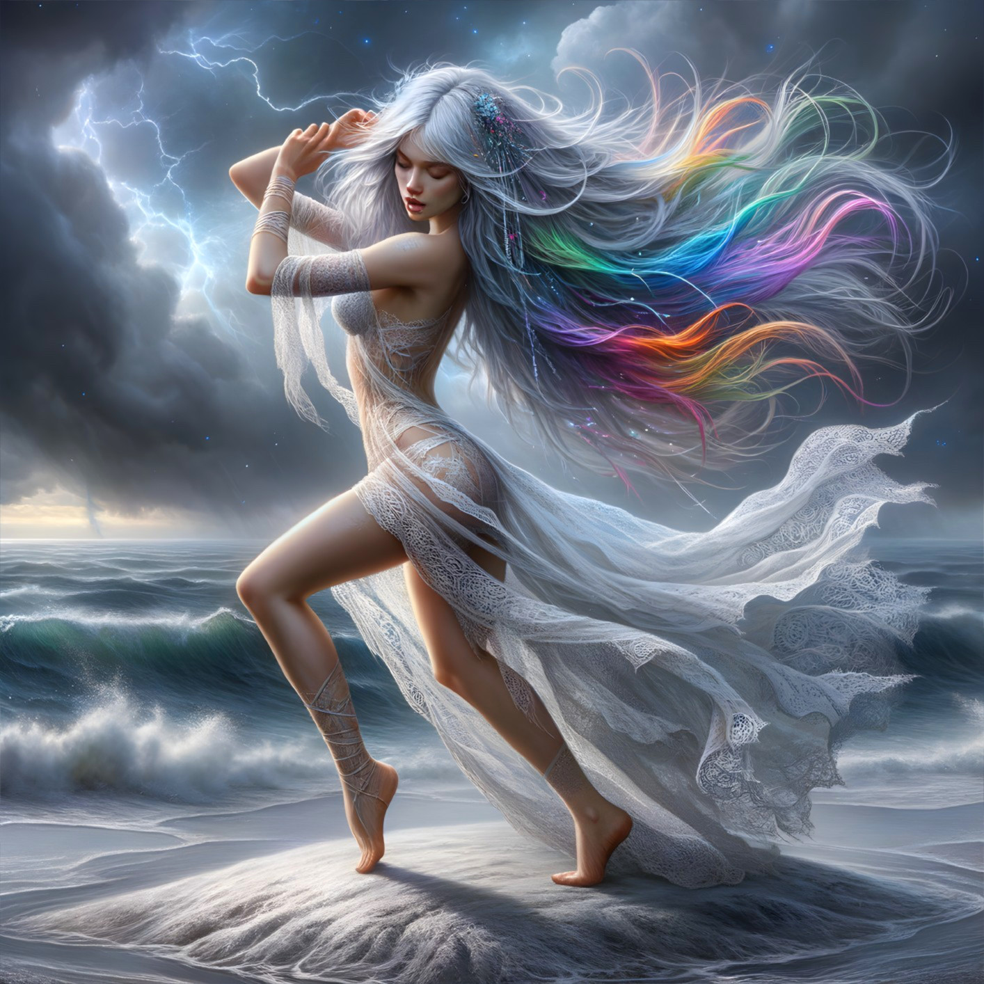 Mystical Figure Dancing on Rocky Shore with Stormy Skies