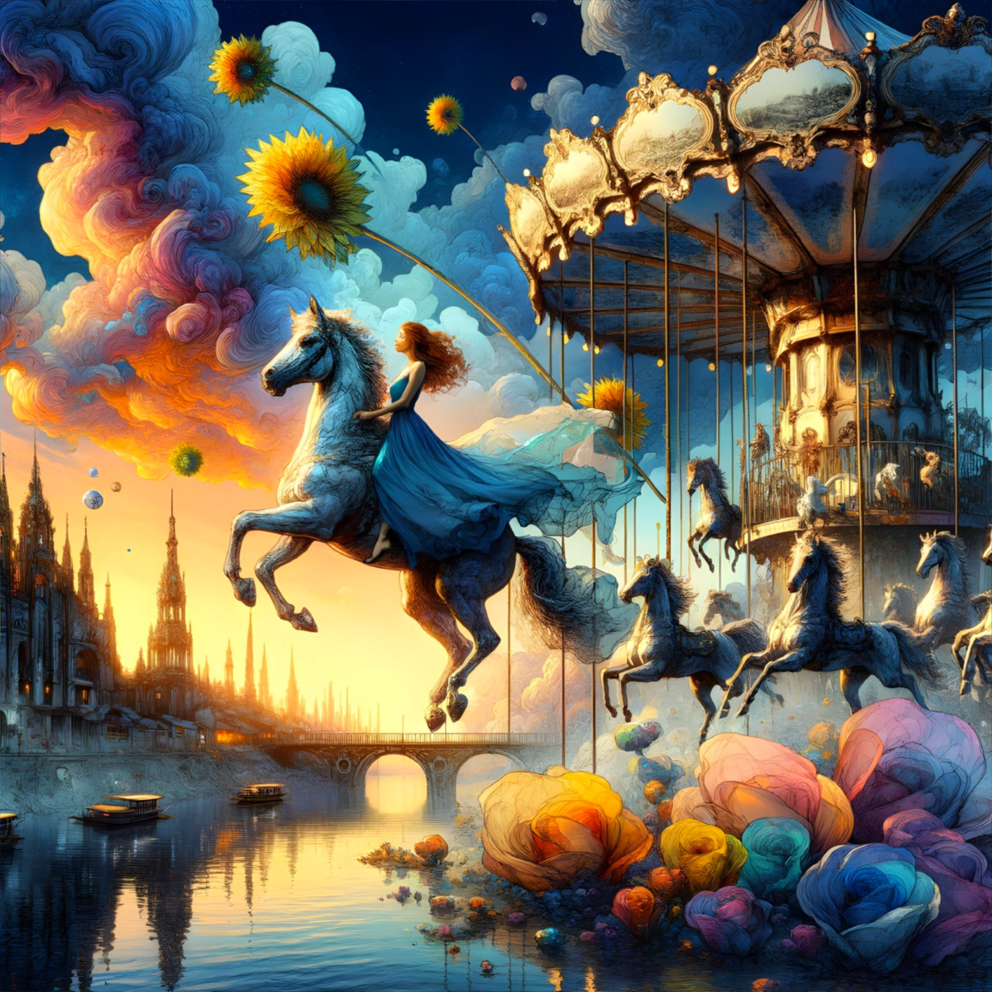 Twilight Carousel with Ethereal Horses and Unicorns