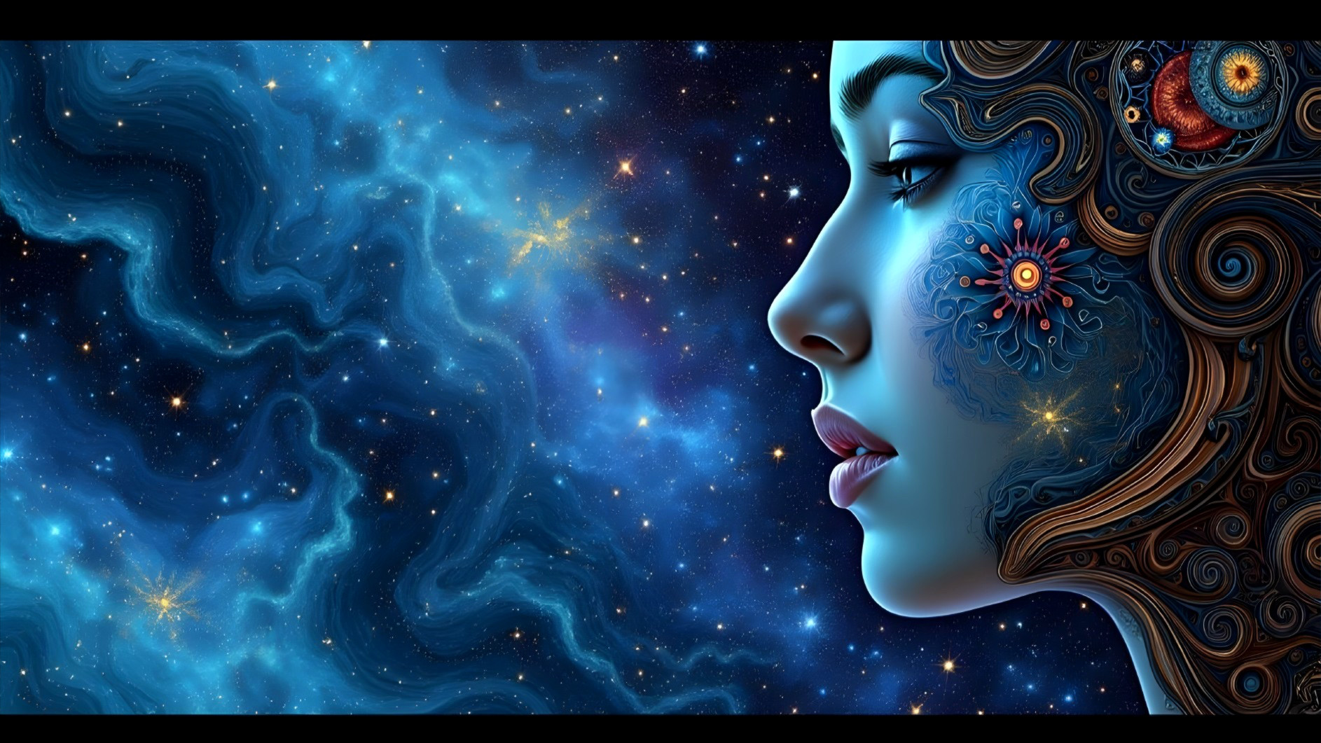 Surreal Cosmic Portrait of a Woman with Nature Elements