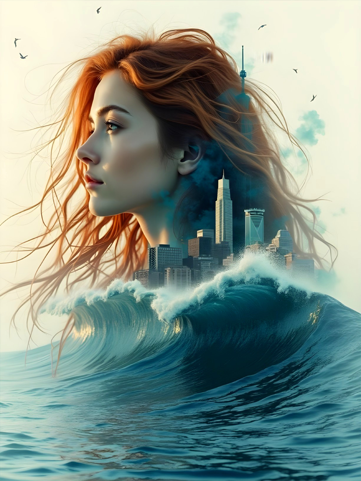 Surreal Artwork of Woman and Cityscape in Waves