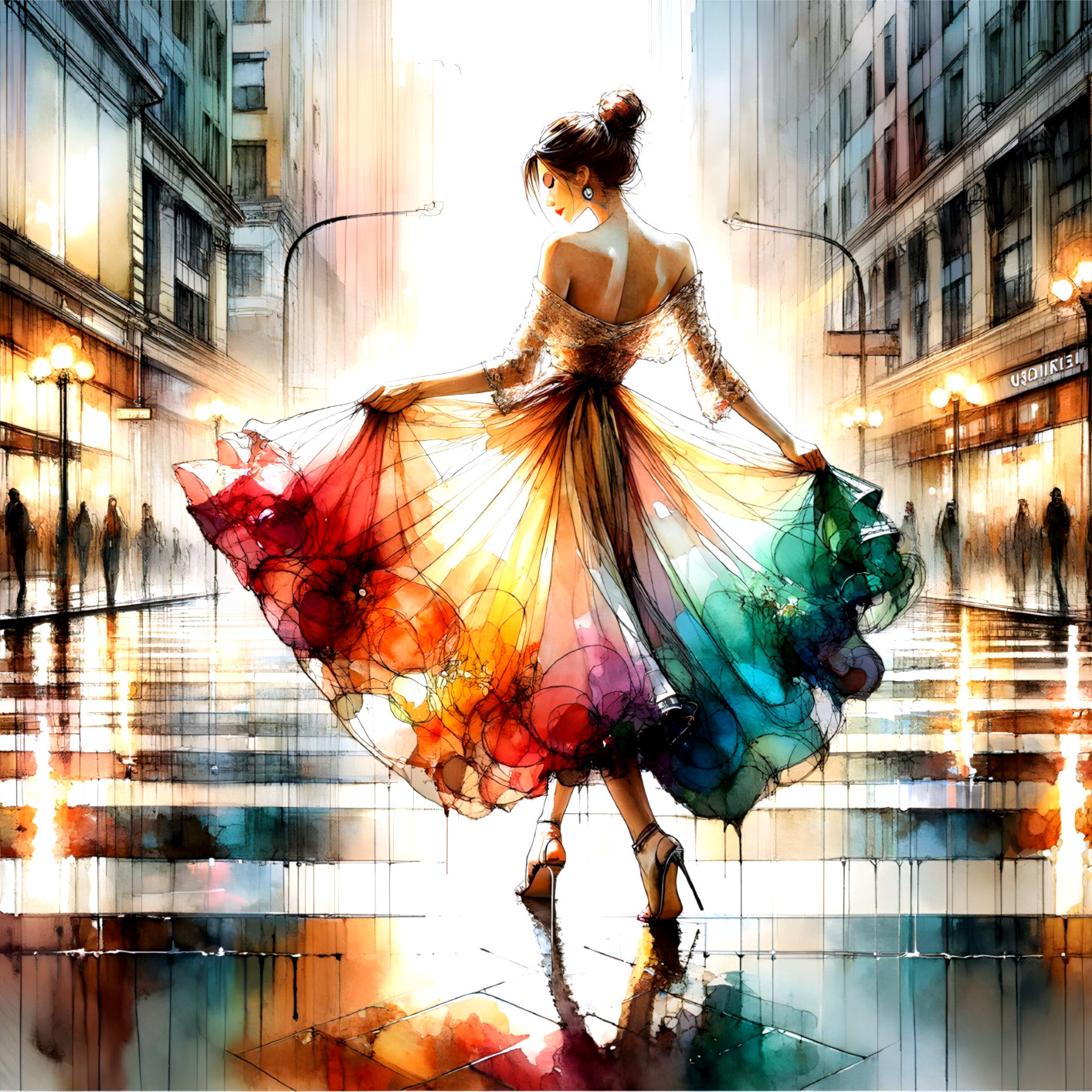 Vibrant city scene with woman in multicolored dress