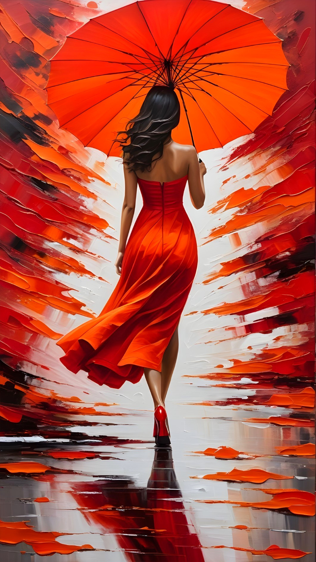 Woman in red dress with orange umbrella in vibrant scene
