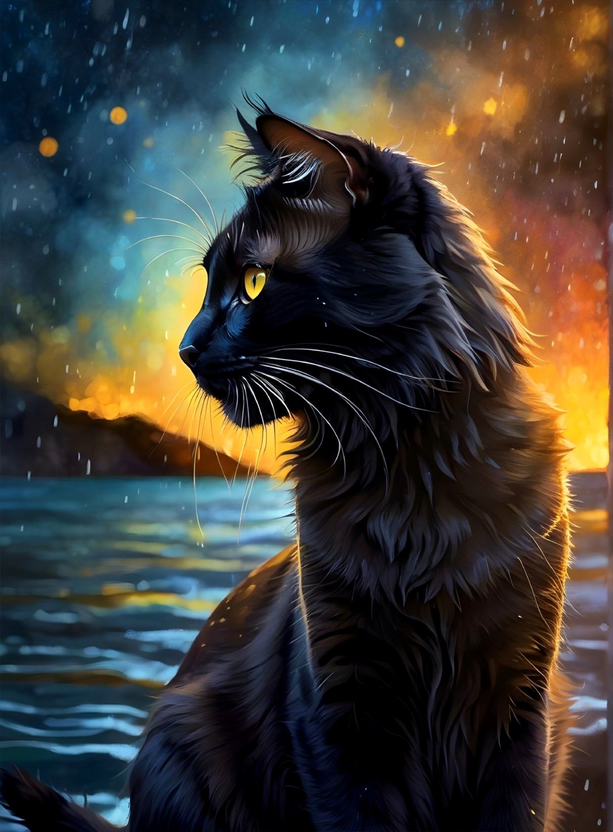 Black Cat by Shimmering Water at Sunset