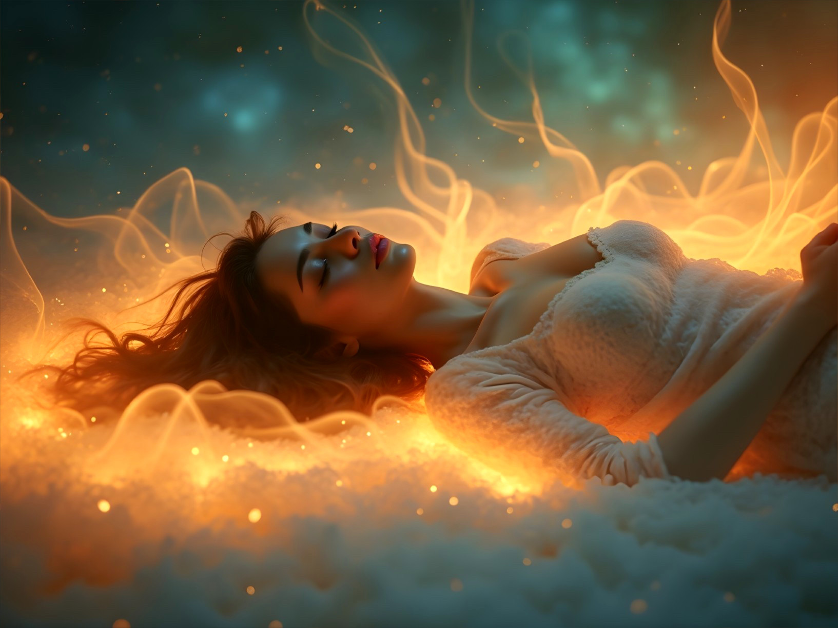 Serene Woman Surrounded by Golden Ethereal Flames