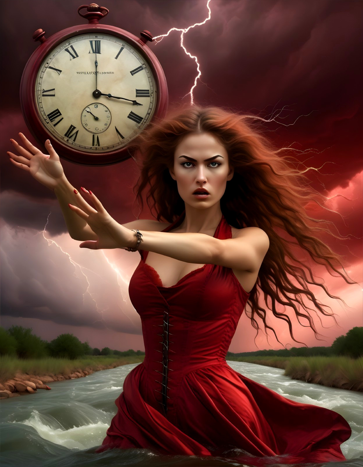 Dramatic Scene of Woman in Red Dress in Turbulent Water