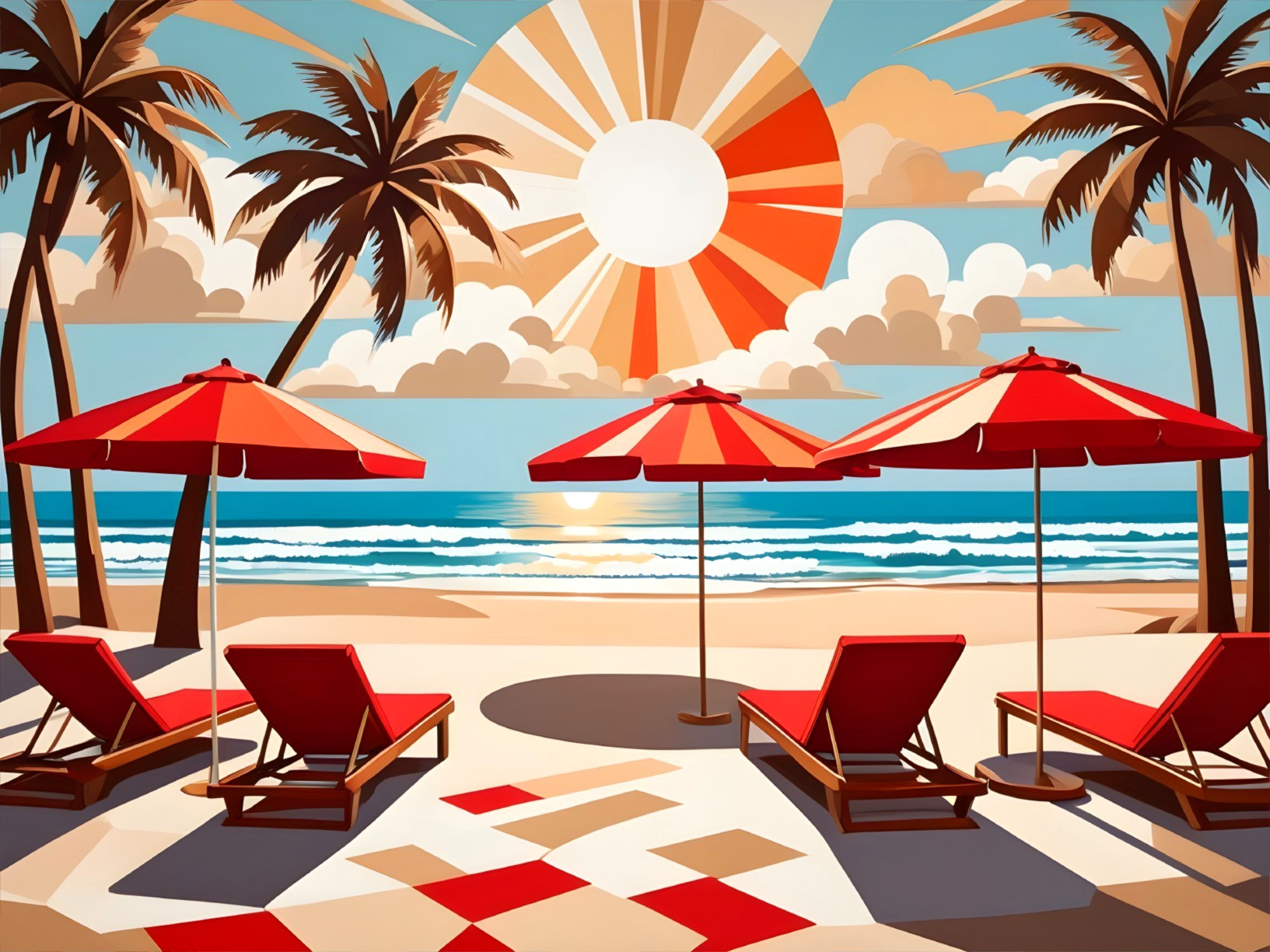 Vibrant Beach Scene with Red Lounge Chairs and Umbrellas