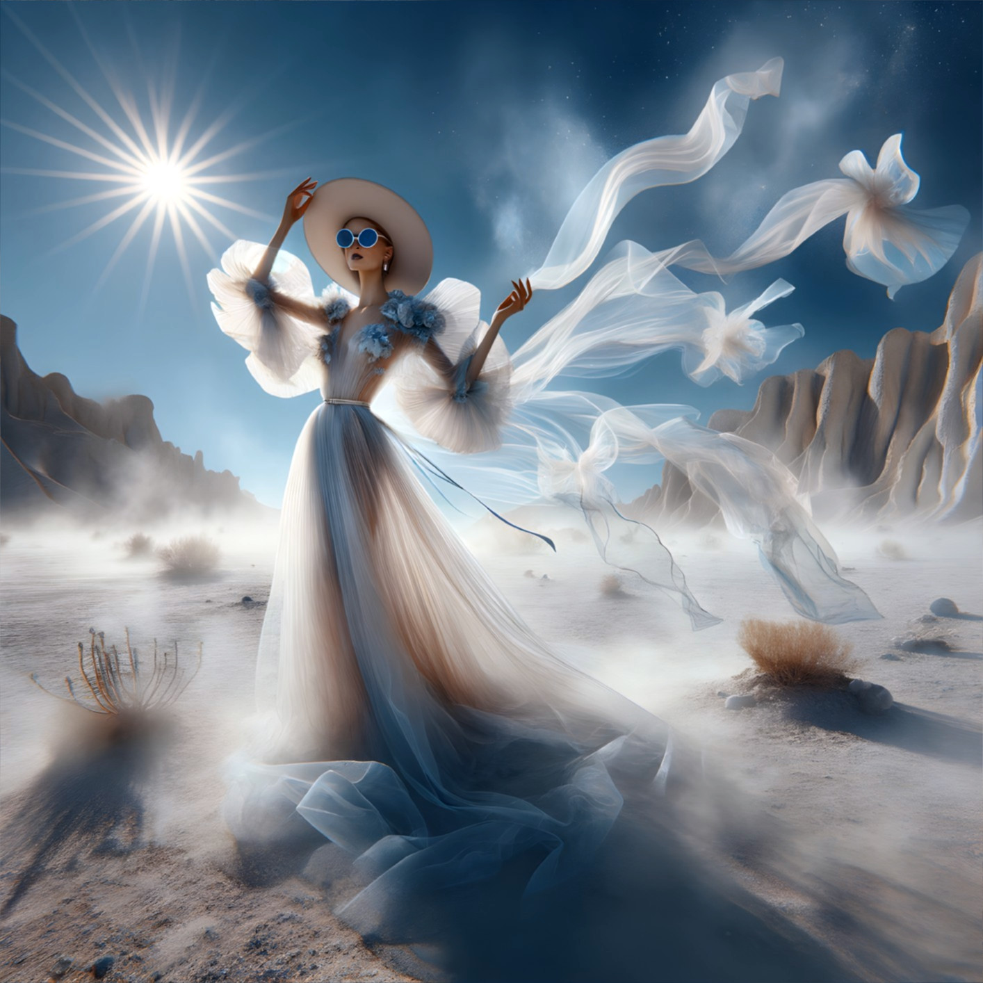 Ethereal Figure in Surreal Misty Landscape with Ribbons
