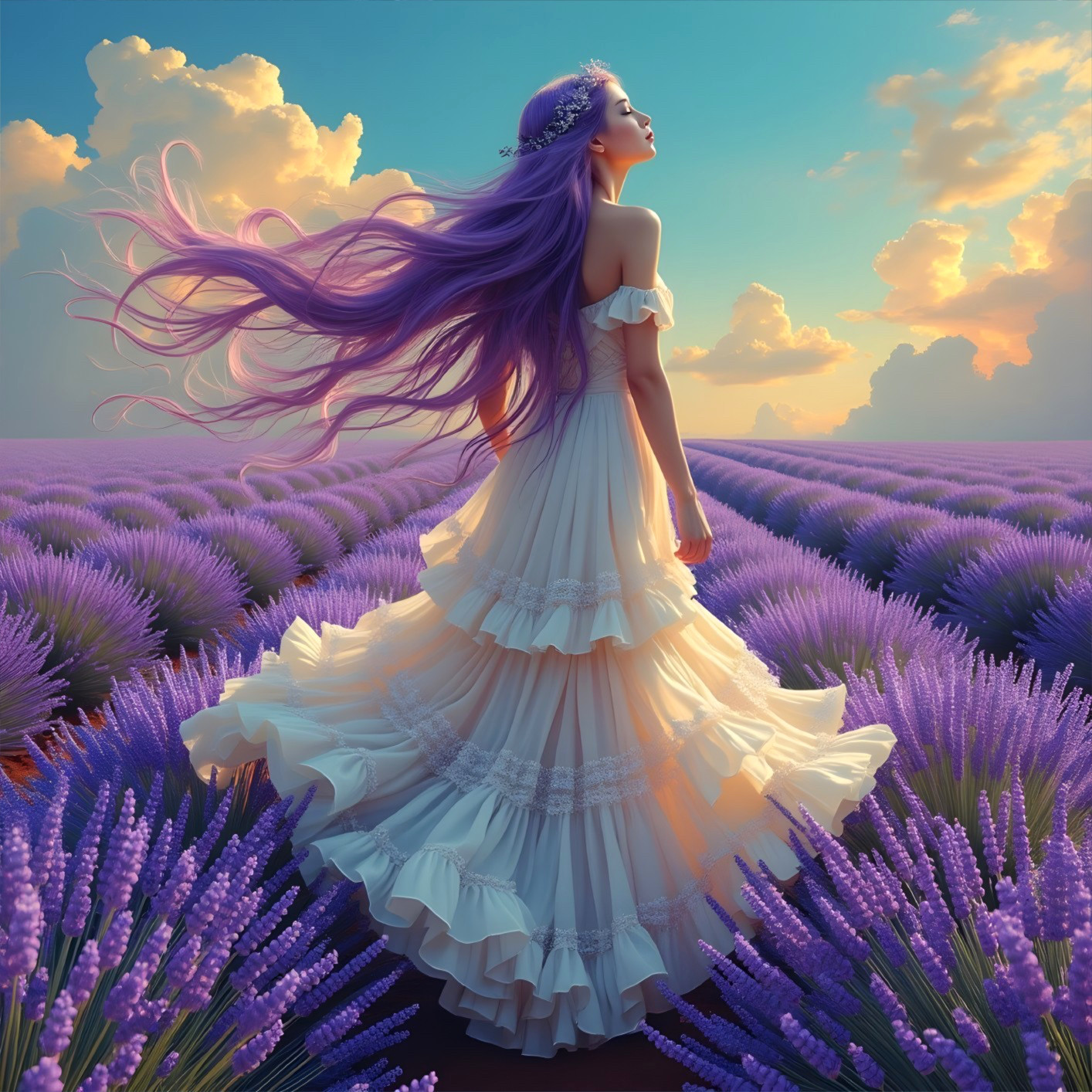 Woman in White Dress in Lavender Field at Sunset