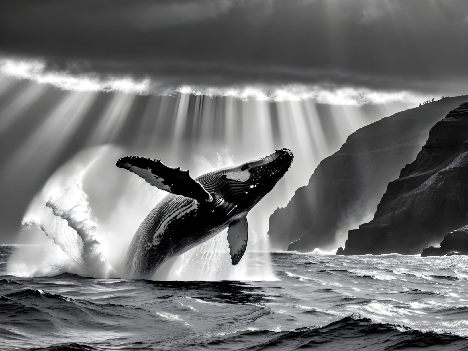 Humpback Whale Breaching Against Rugged Cliffs