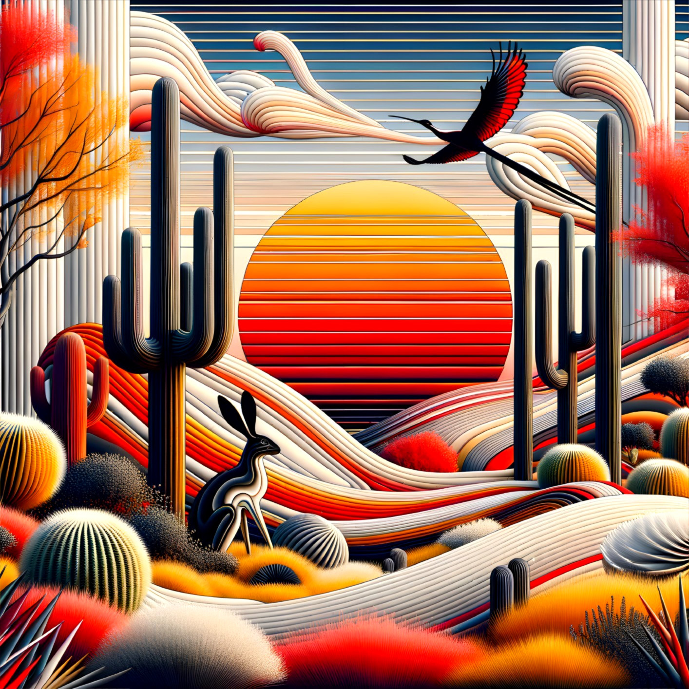 Vibrant Desert Scene with Cacti and Sunset Colors