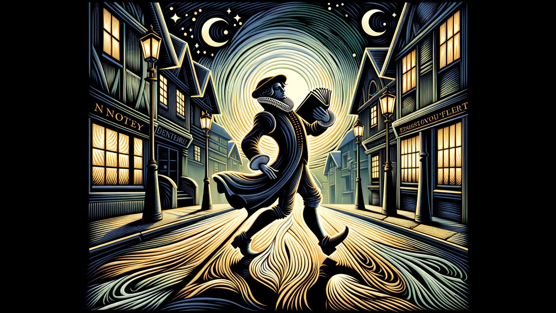 Charming Nighttime Village Scene with Musical Instrument