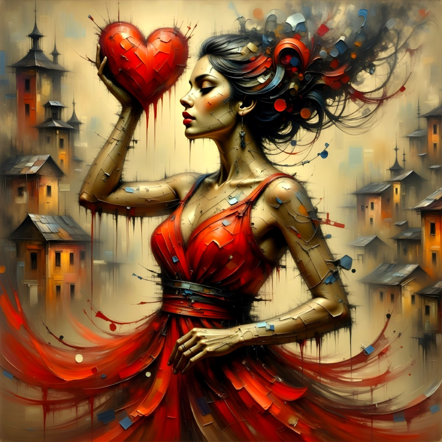 Woman in Red Dress with Fragmented Heart and Abstract Background