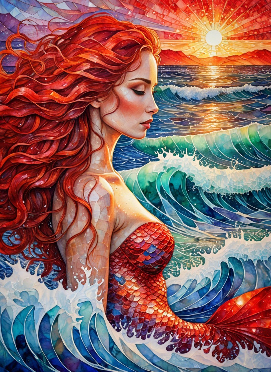 Mosaic Illustration of a Serene Mermaid at Sunset