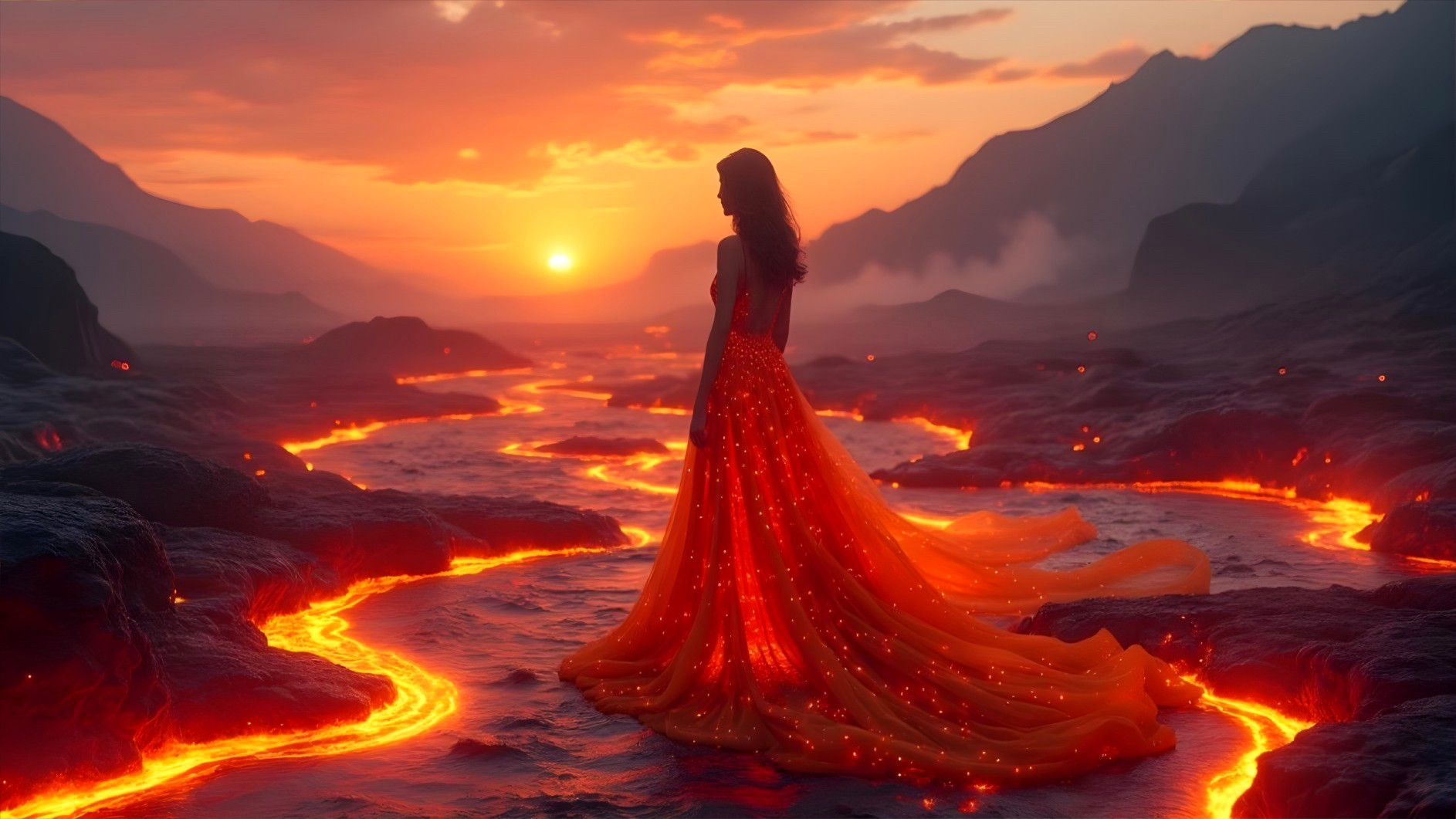 Figure in Orange Gown Amidst Lava and Sunset景色