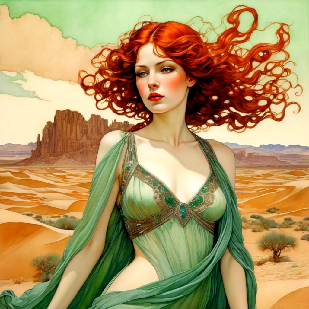Woman with Red Hair in Desert Landscape