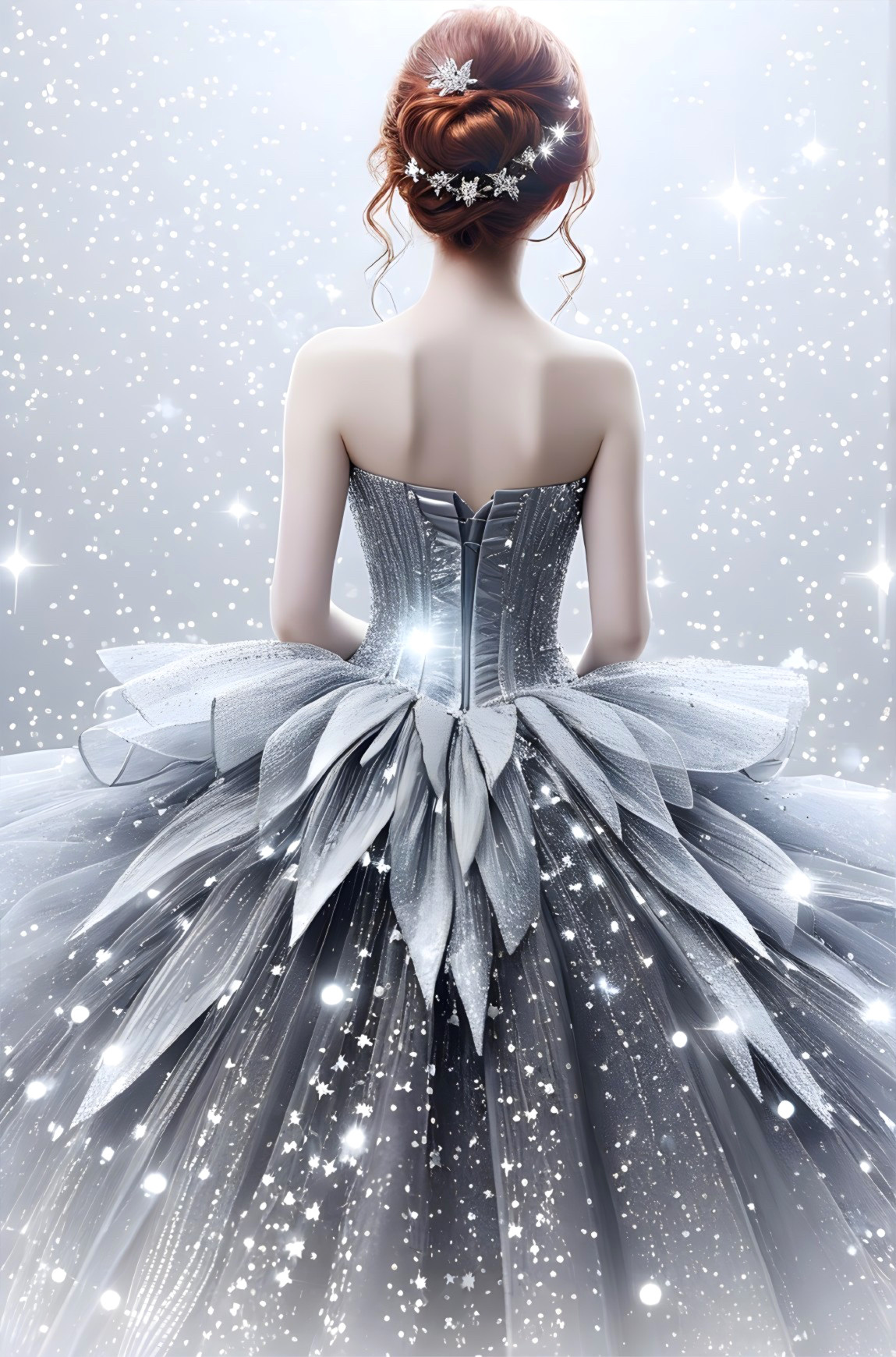 Elegant Evening Gown with Silver Sequins and Petals