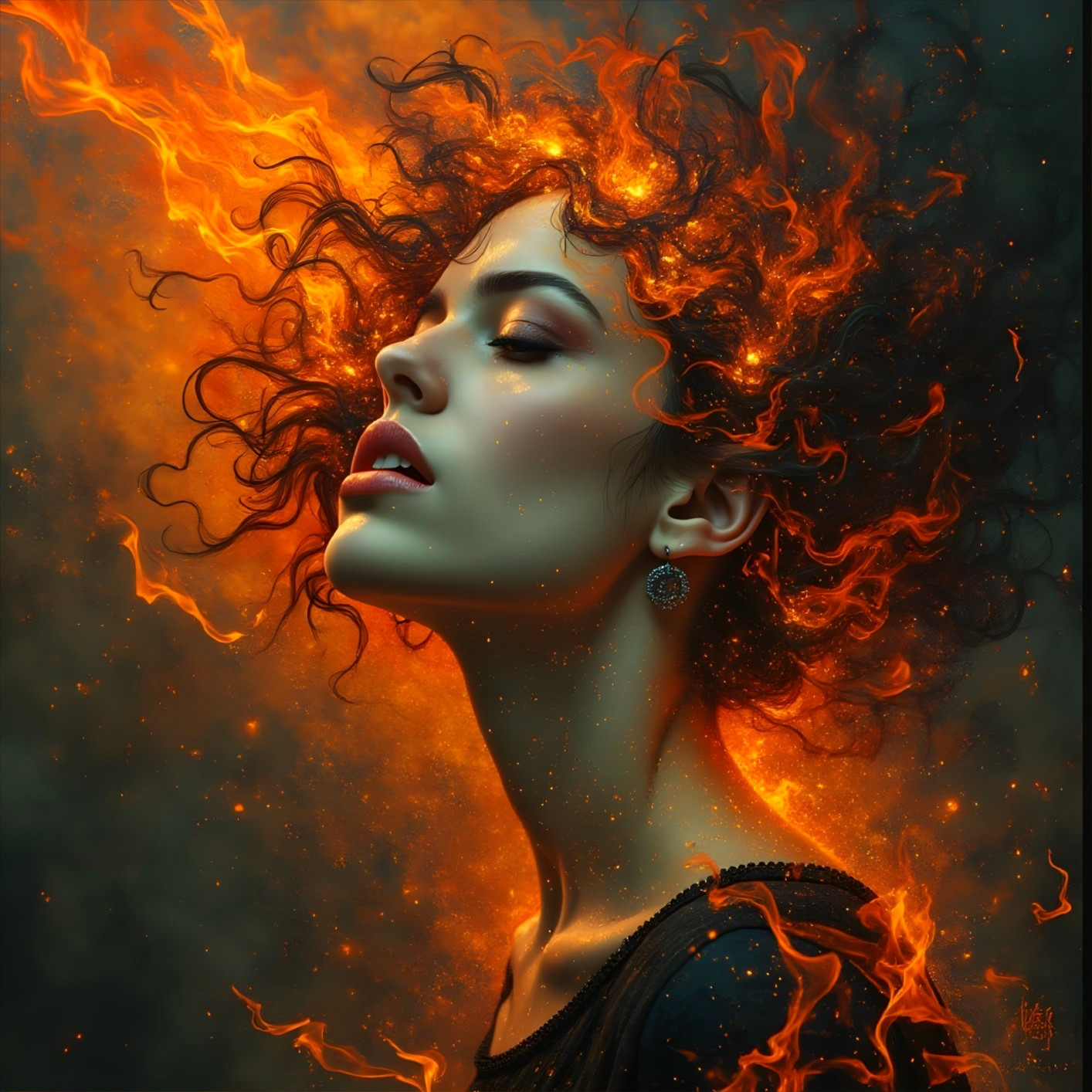 Portrait of a woman with fiery hair and smoky backdrop