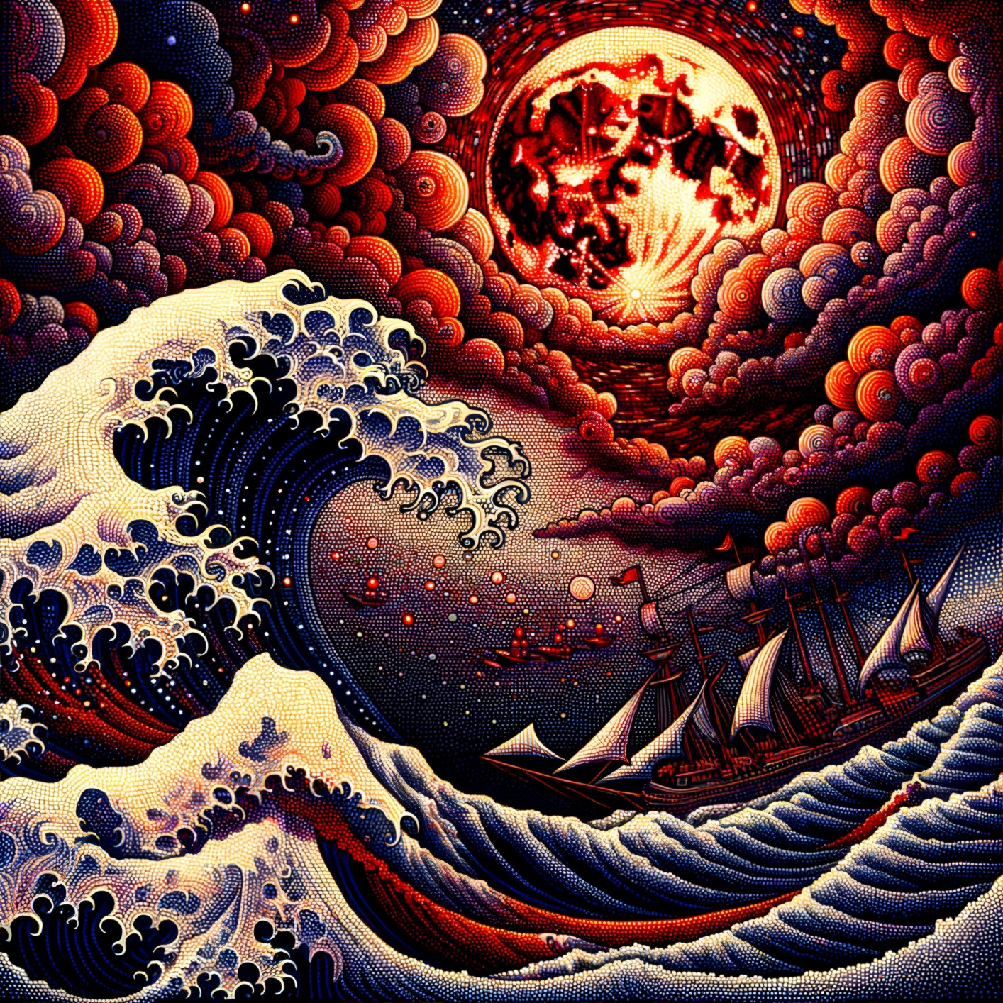 Dramatic Seascape with Towering Waves and Moonlight