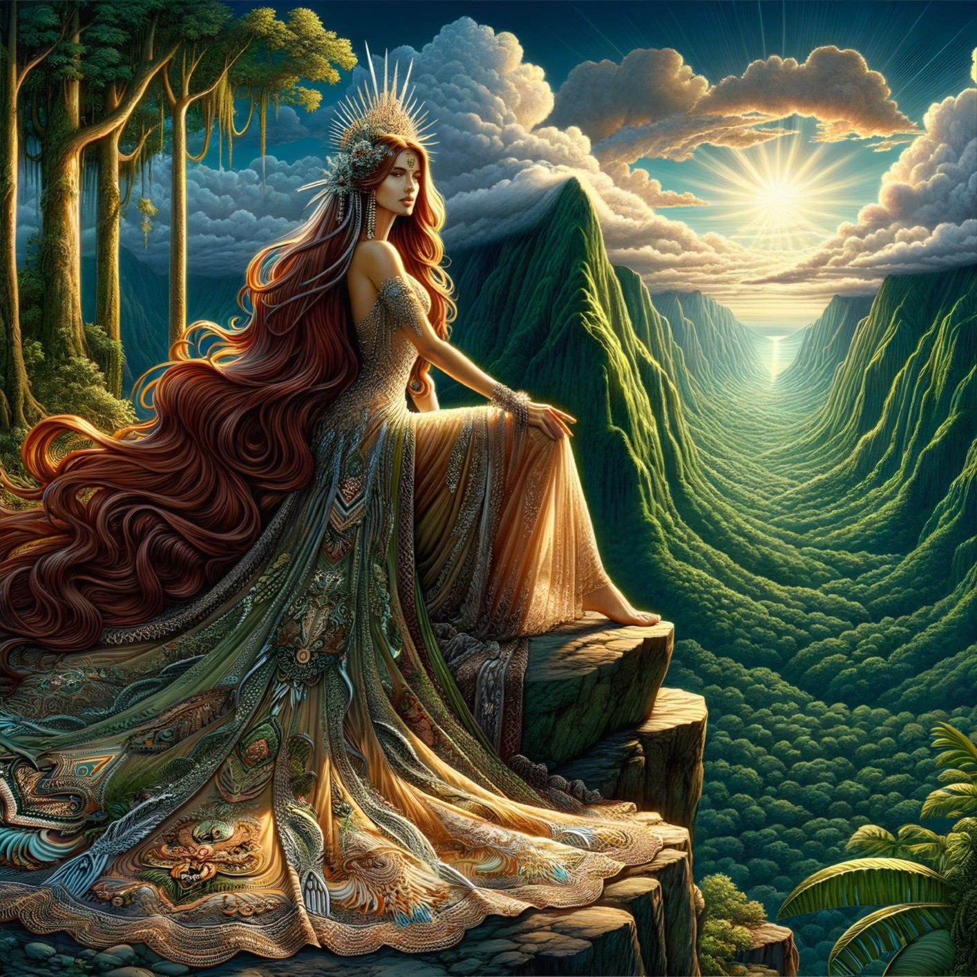 Majestic Figure in Gown Overlooking Scenic Valley