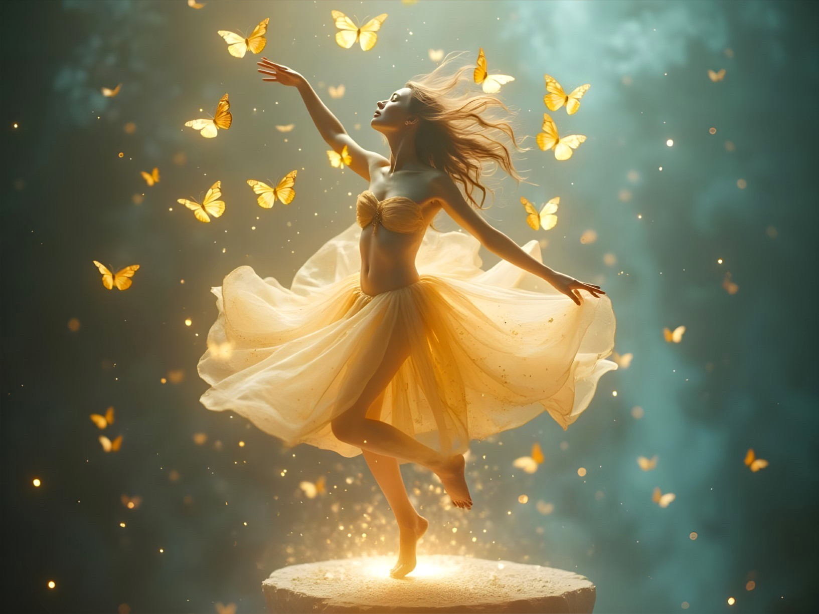Dancer in Yellow Dress Surrounded by Butterflies