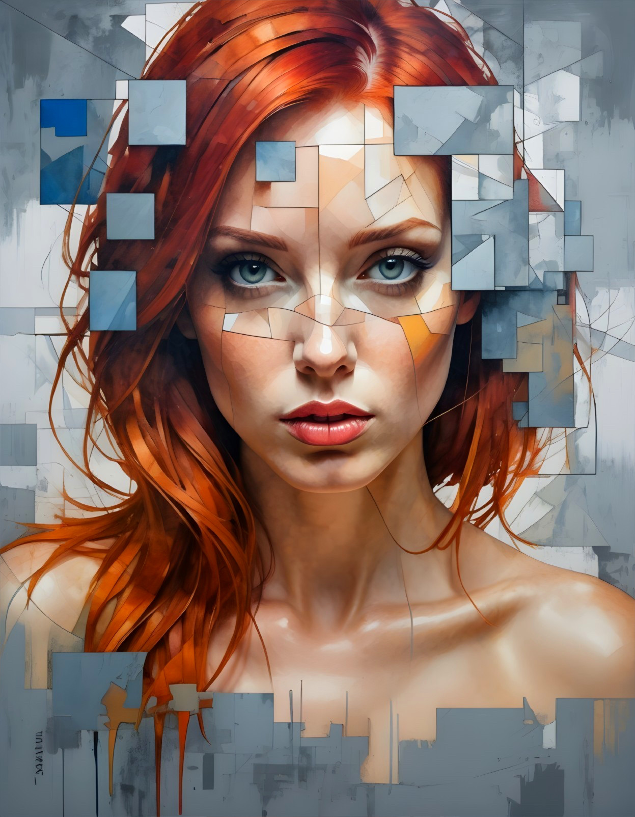 Portrait of a Woman with Red Hair and Abstract Background