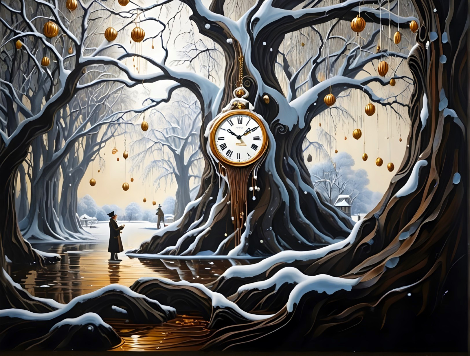 Surreal Winter Landscape with Twisted Trees and Clock
