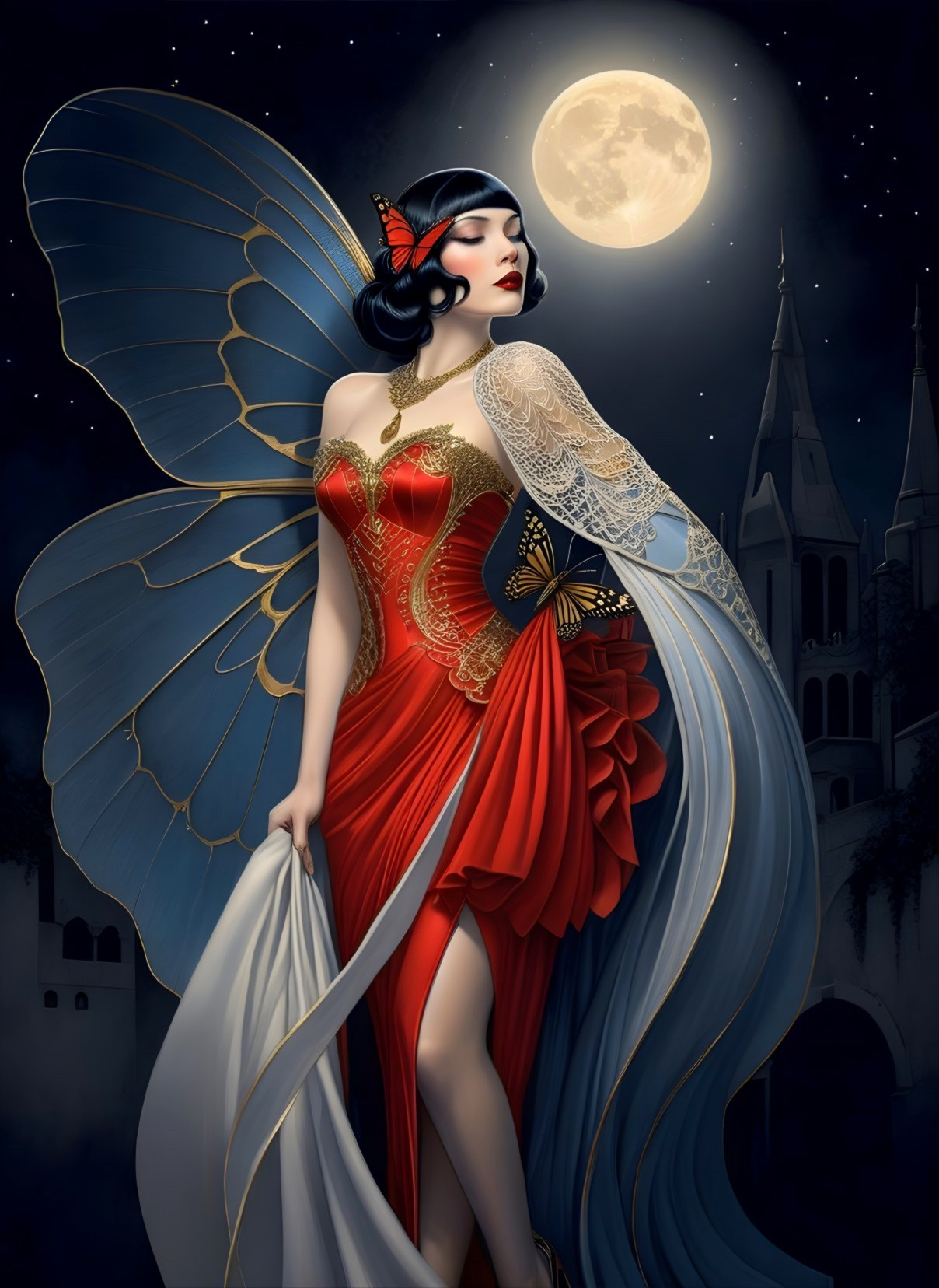 Graceful figure in red gown with butterfly wings under moon