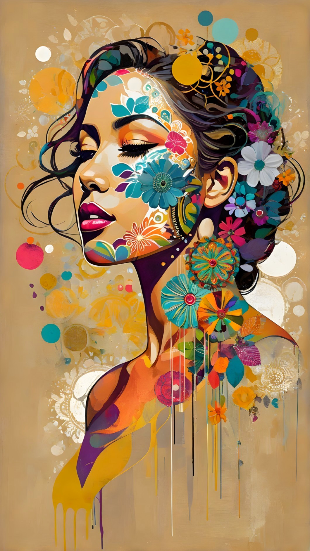 Stylized Female Portrait with Floral Designs and Colors