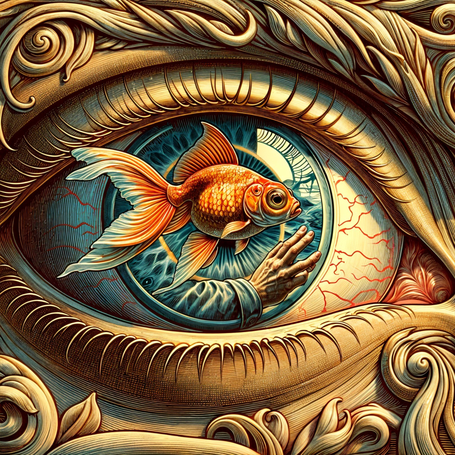 Detailed Eye with Goldfish and Organic Patterns