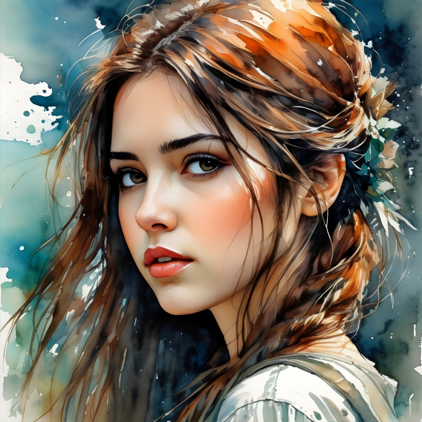 Portrait of a Young Woman with Brown Hair and Watercolors