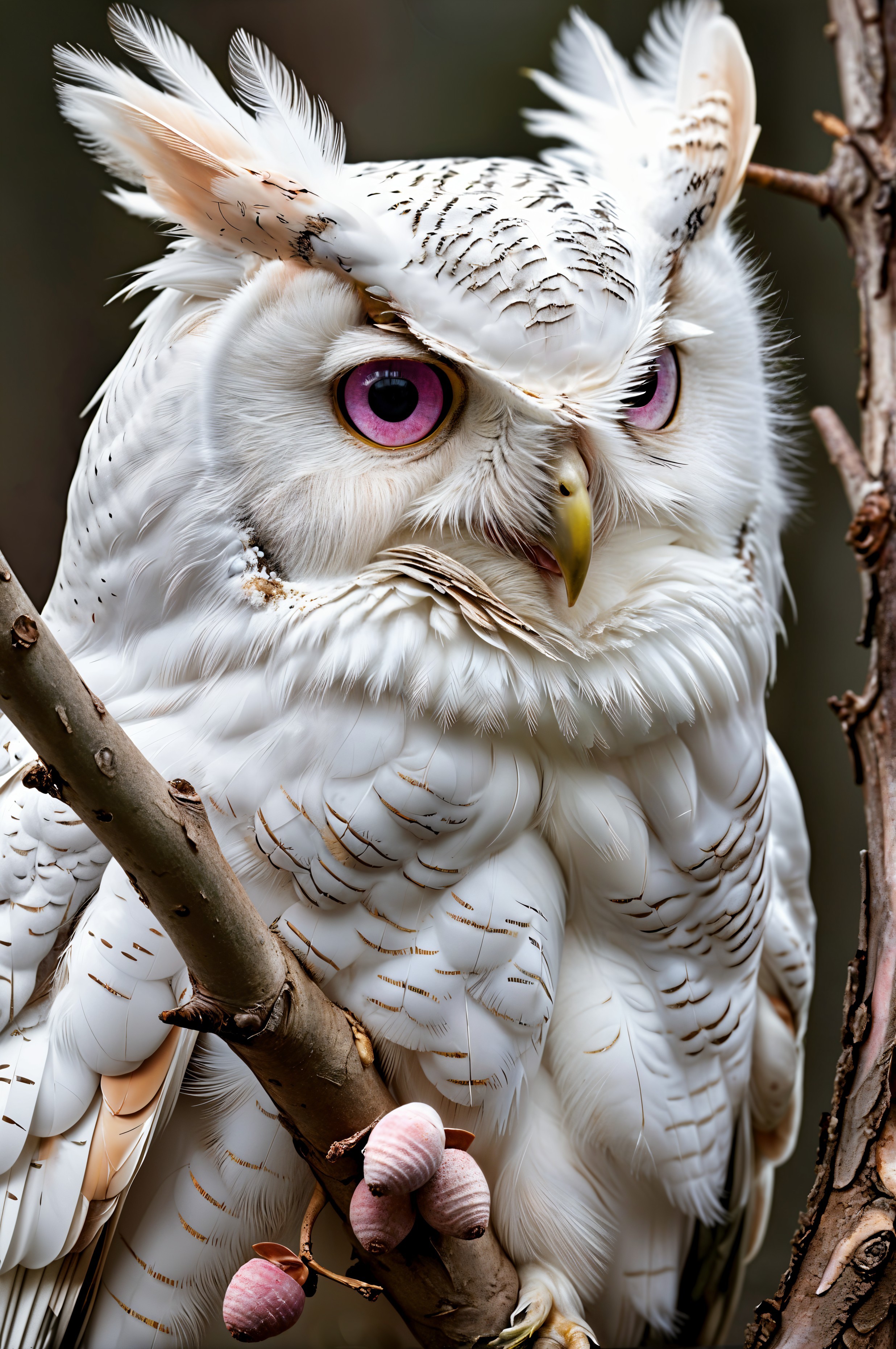 White Owl on Branch with Purple Eyes and Pink Buds